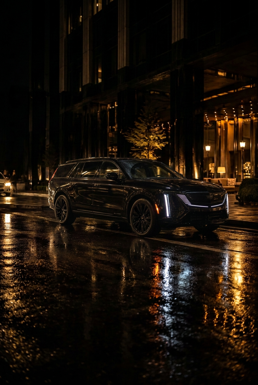 Black 2026 Cadillac Escalade IQL on a rain-lit city street at night
